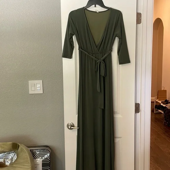 slim fit dress slacks Olive Satin Smocked Fitted Maternity Midi Dress – PinkBlush main image 1
